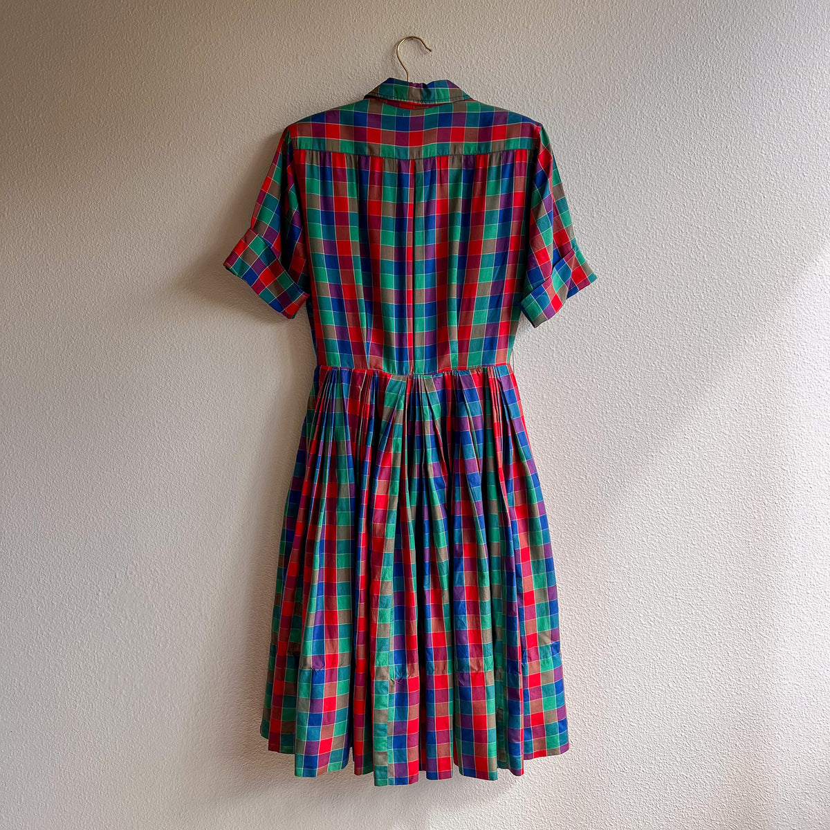 Gorgeous 1950s Red, Green, and Blue Plaid Silk Dress (S)