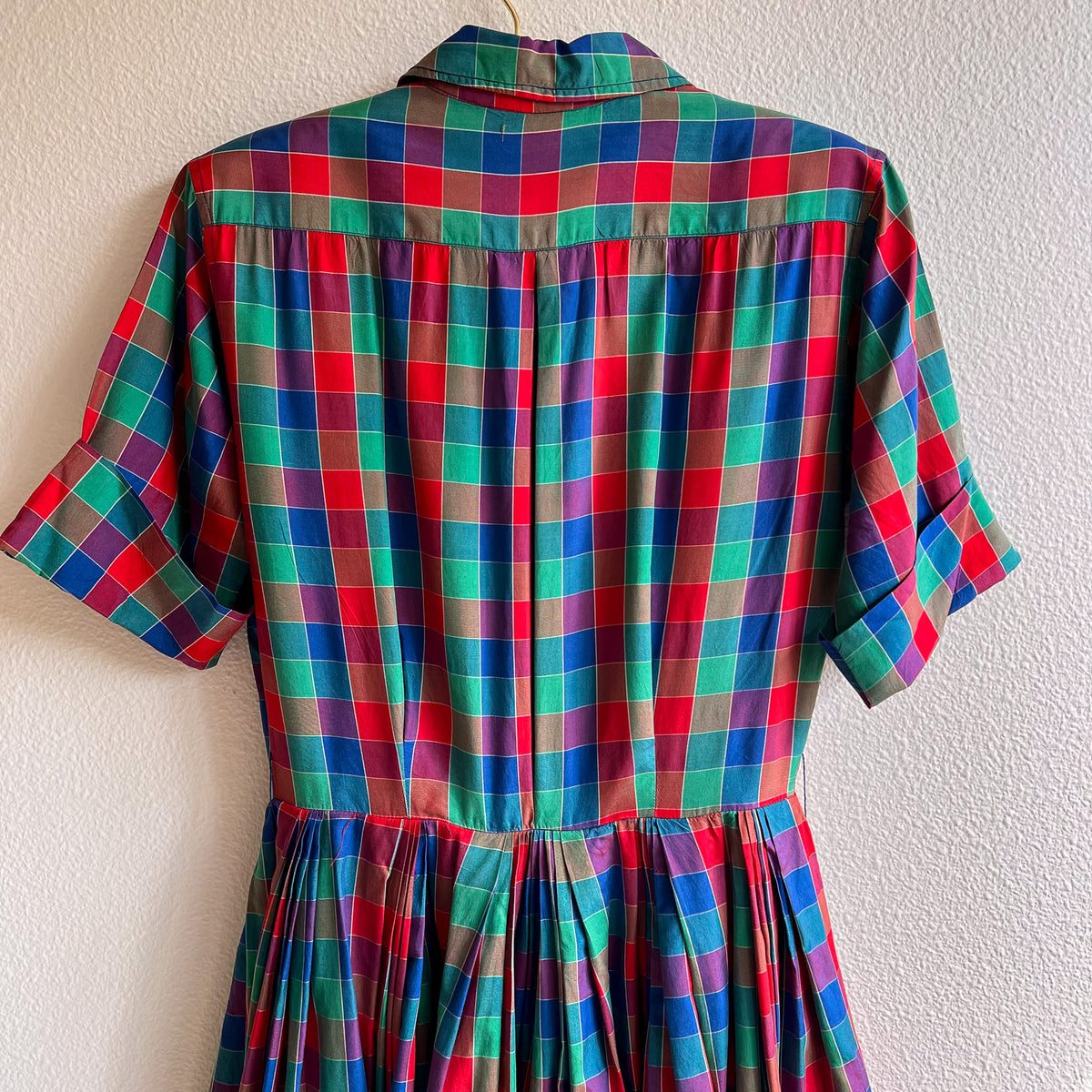Gorgeous 1950s Red, Green, and Blue Plaid Silk Dress (S)