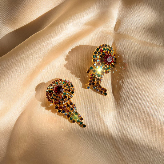 1950s Red and Green Rhinestone Fringe Clip-On Earrings