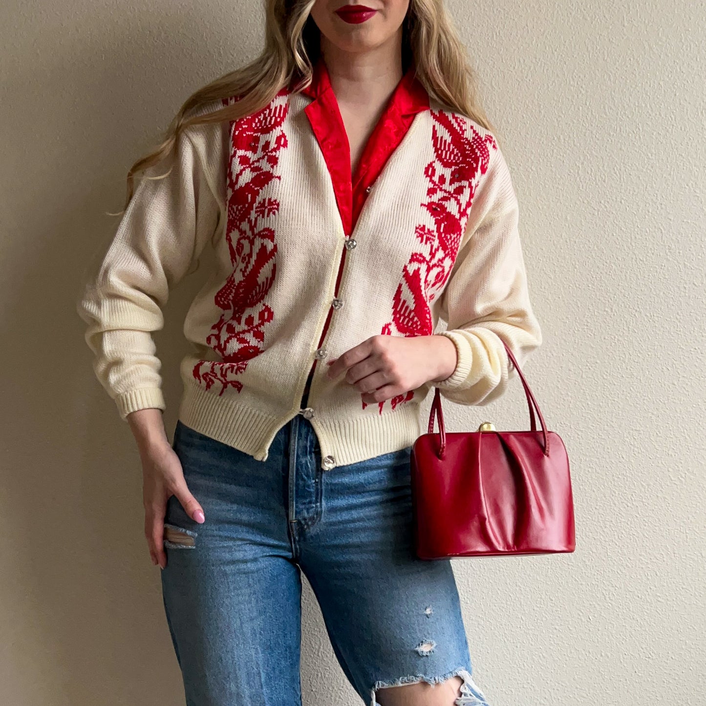 1950s Ruby Red Leather Structured Handbag