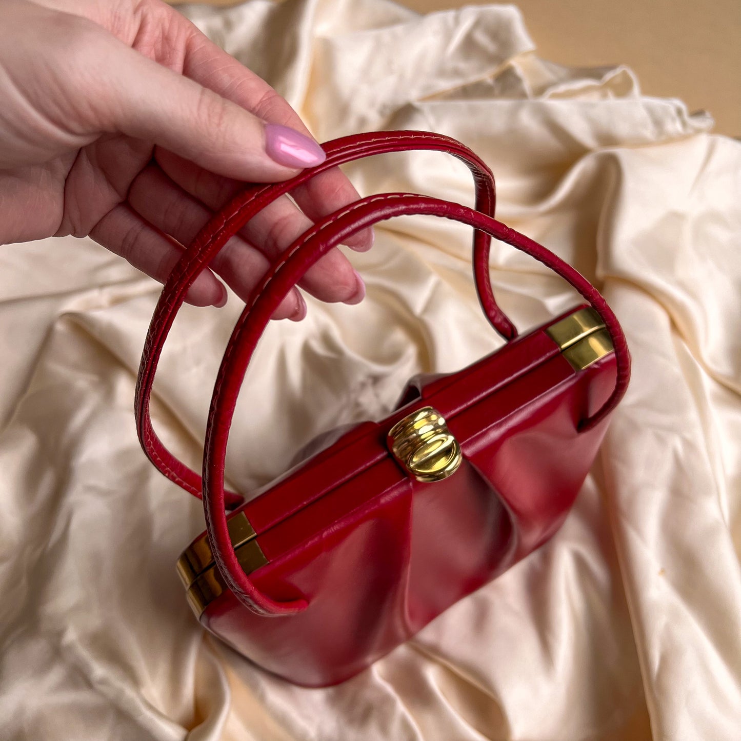 1950s Ruby Red Leather Structured Handbag