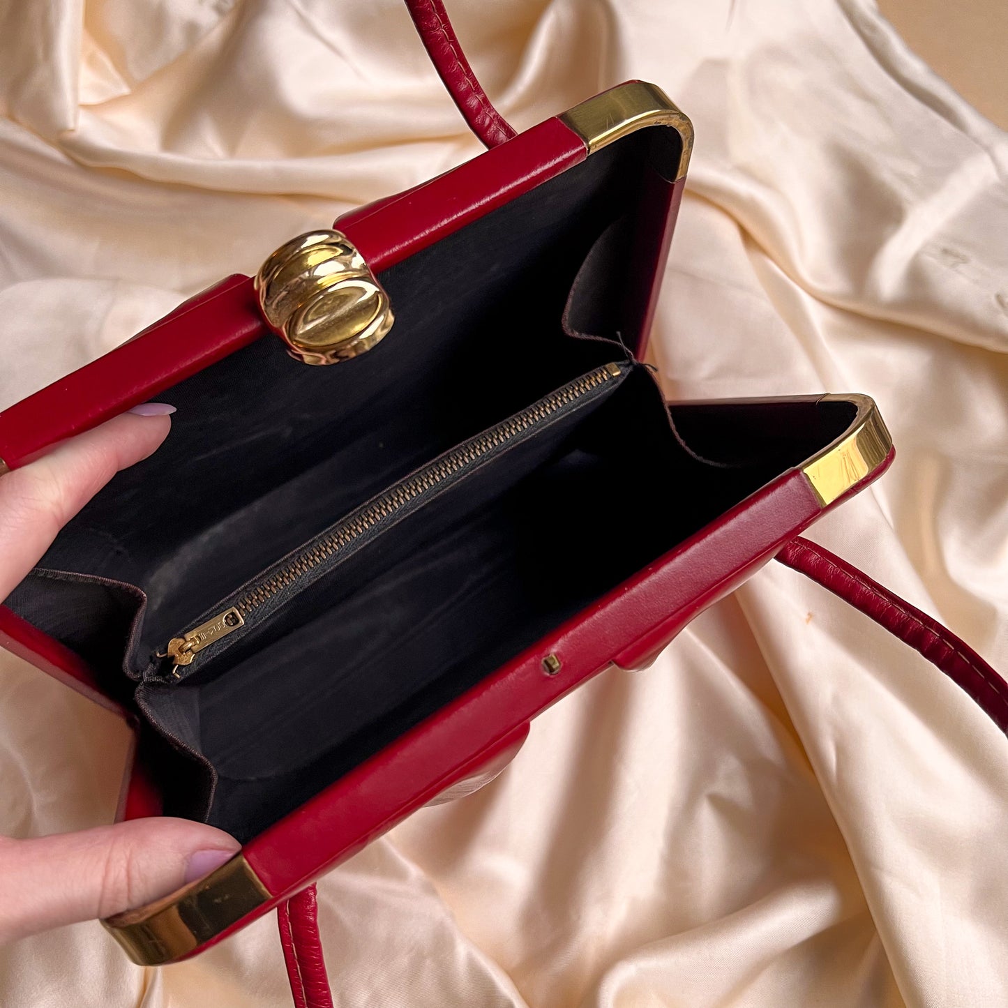 1950s Ruby Red Leather Structured Handbag