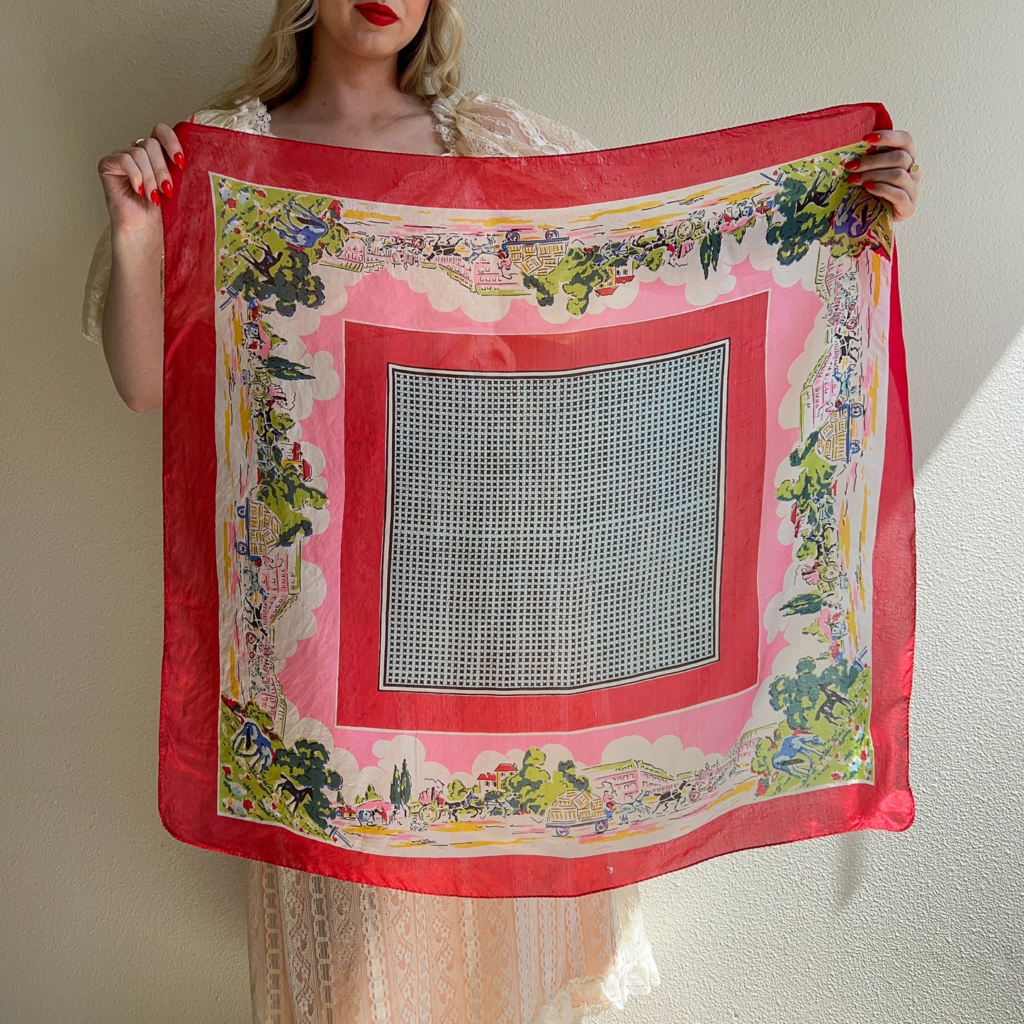 Sheer 1950s Red and Pink Landscape Print Silk Scarf