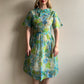 1950s Sheer Blue and Green Floral Print Dress (L)