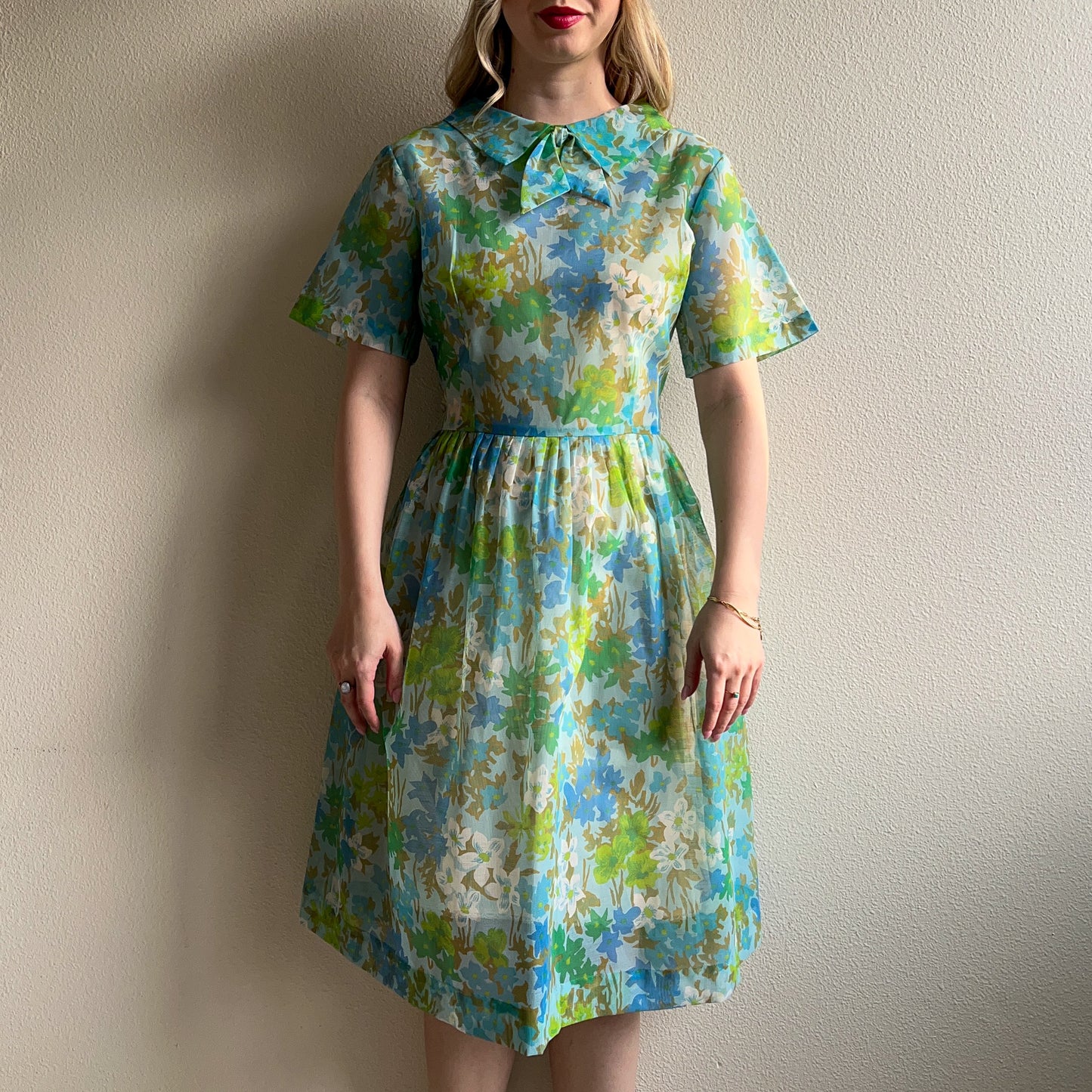 1950s Sheer Blue and Green Floral Print Dress (L)