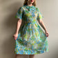 1950s Sheer Blue and Green Floral Print Dress (L)