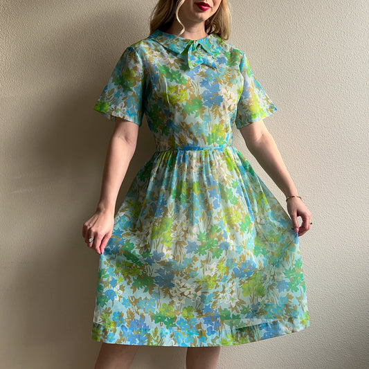 1950s Sheer Blue and Green Floral Print Dress (L)