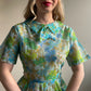 1950s Sheer Blue and Green Floral Print Dress (L)