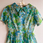 1950s Sheer Blue and Green Floral Print Dress (L)