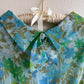 1950s Sheer Blue and Green Floral Print Dress (L)