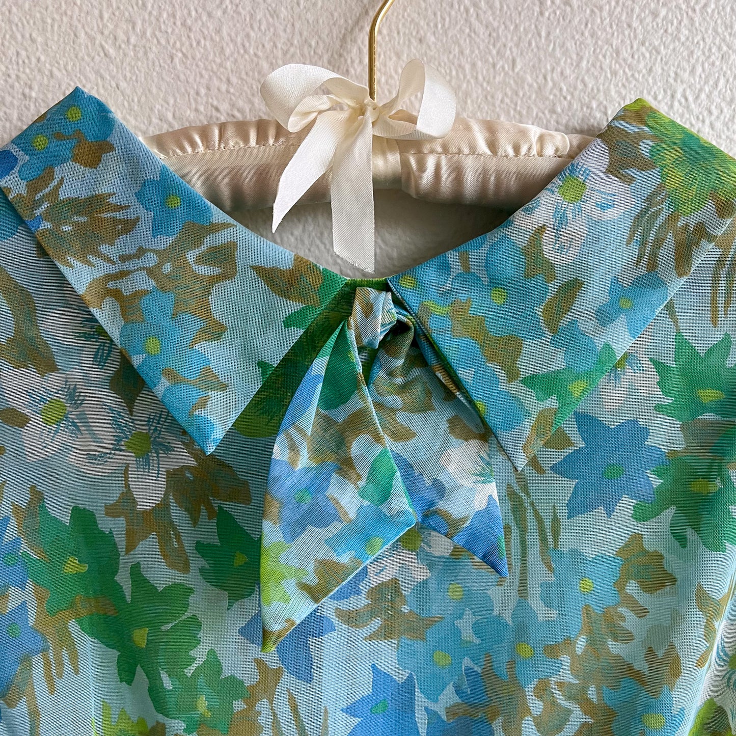1950s Sheer Blue and Green Floral Print Dress (L)