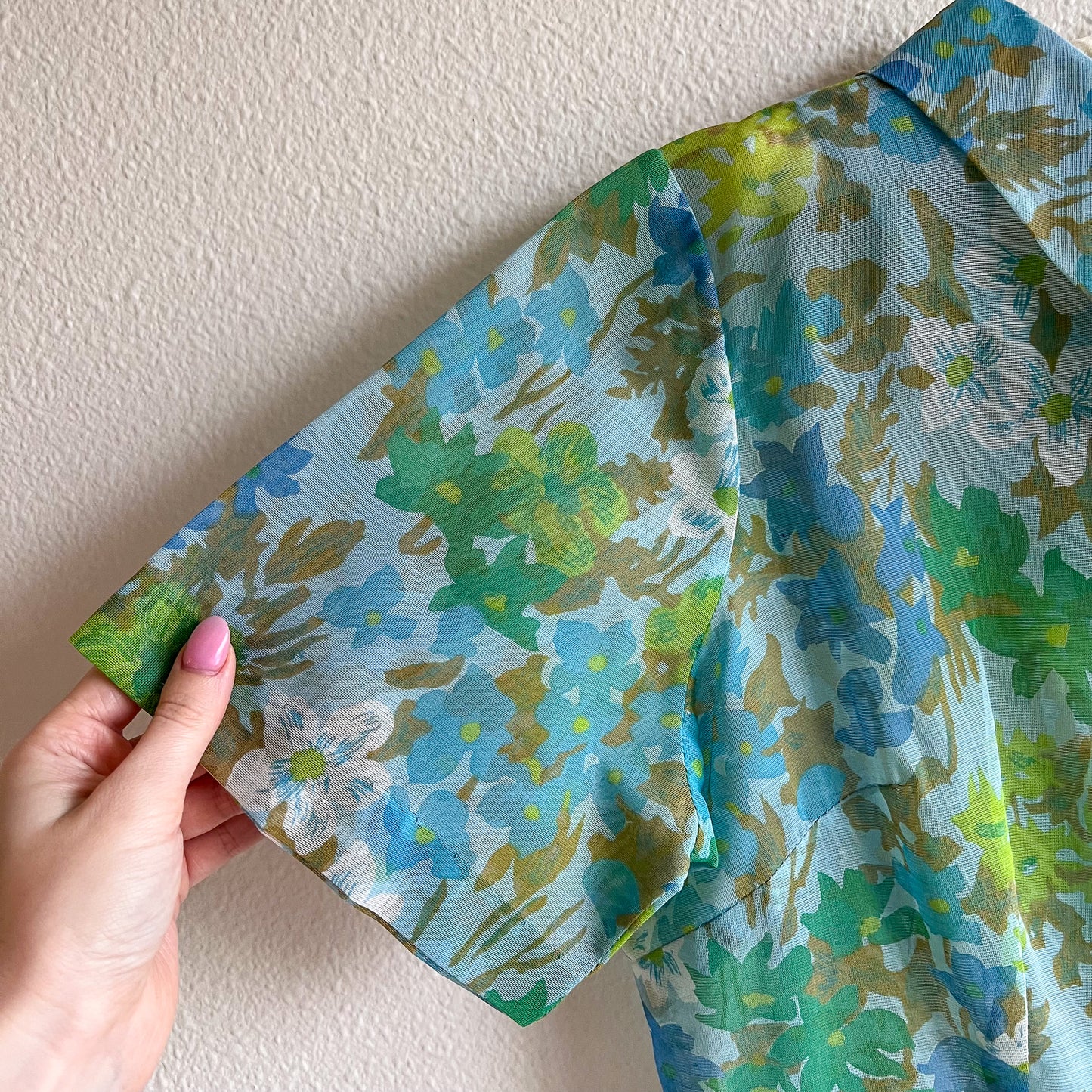 1950s Sheer Blue and Green Floral Print Dress (L)