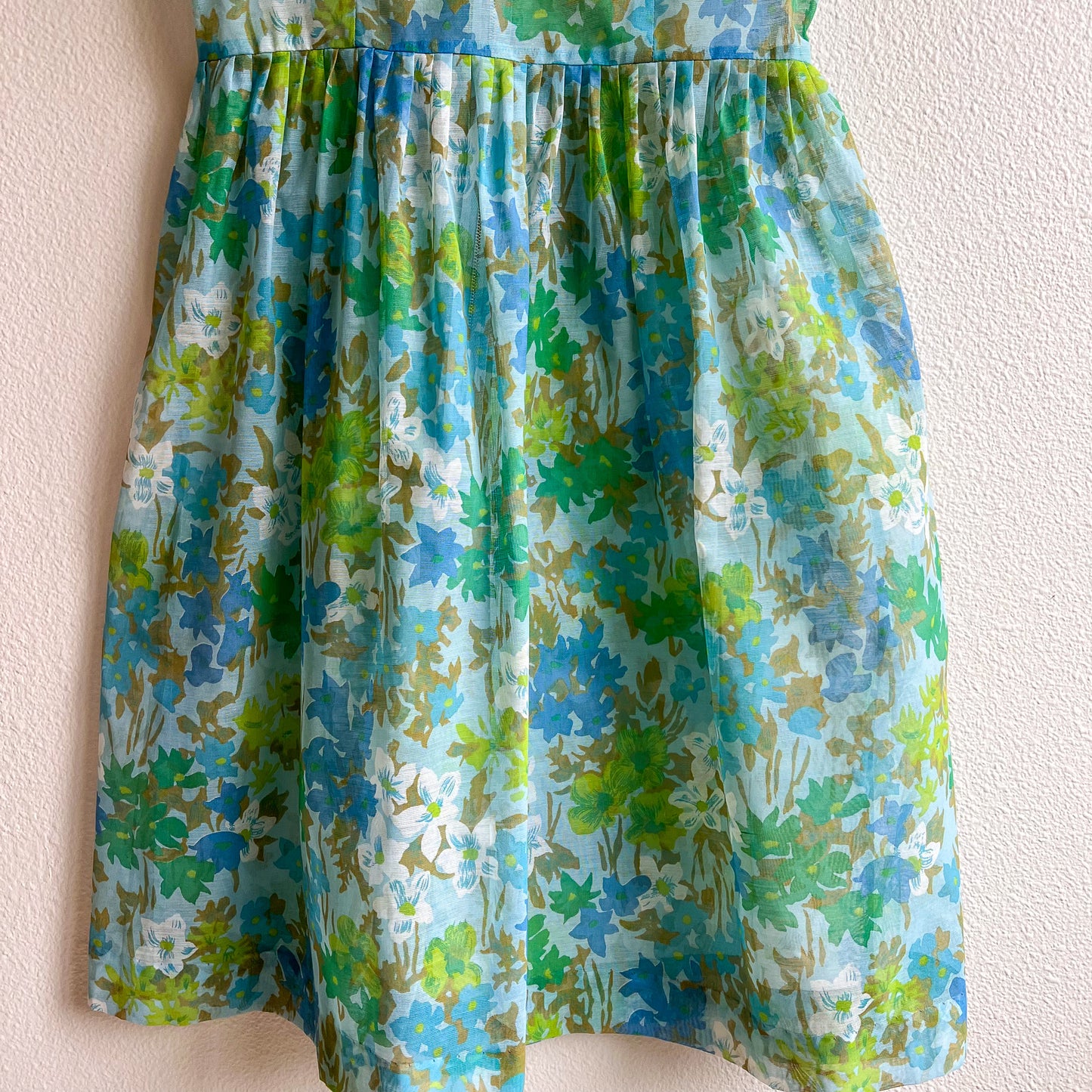 1950s Sheer Blue and Green Floral Print Dress (L)