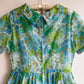 1950s Sheer Blue and Green Floral Print Dress (L)