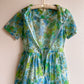 1950s Sheer Blue and Green Floral Print Dress (L)