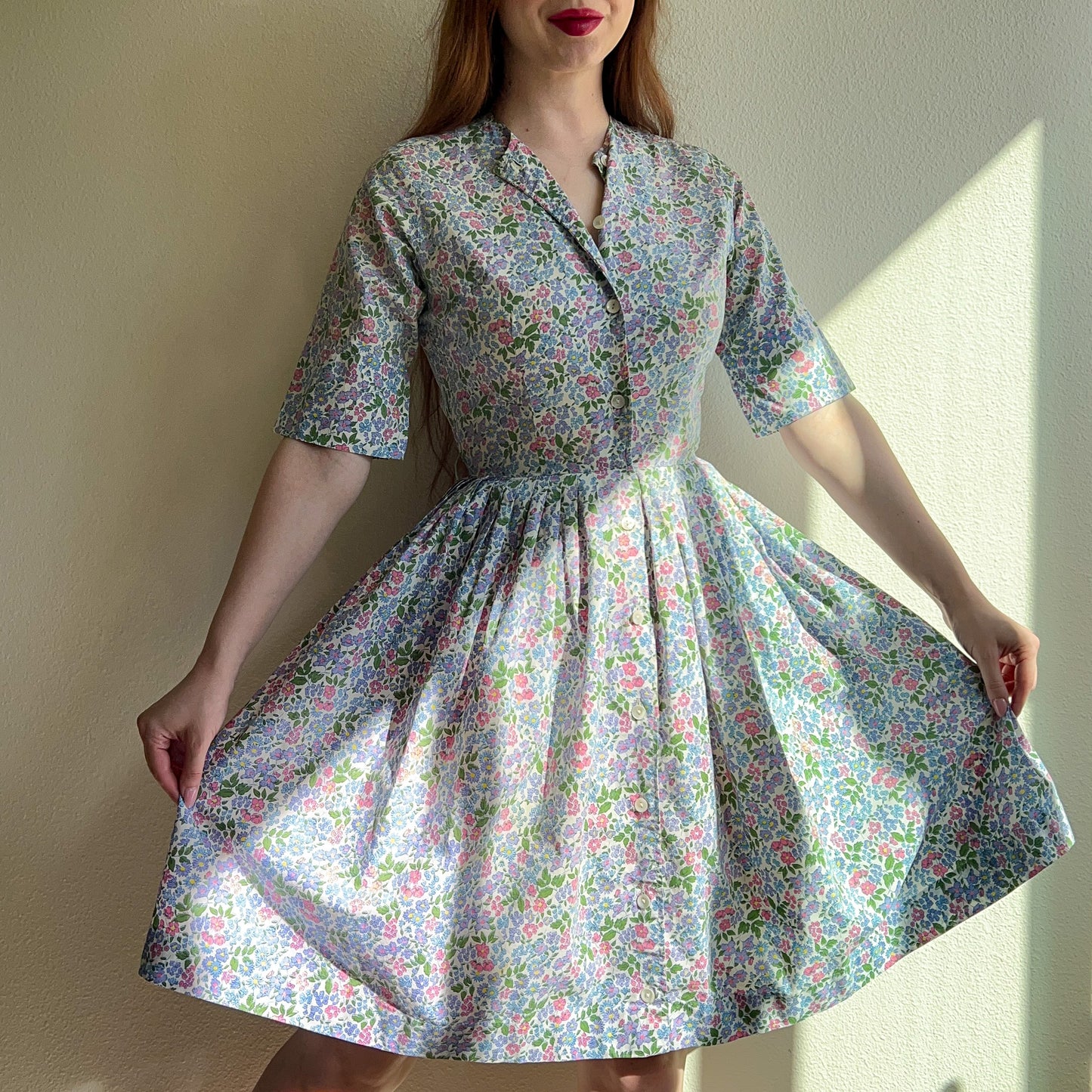 1950s Summer Dress With Purple Daisy Print (XS)