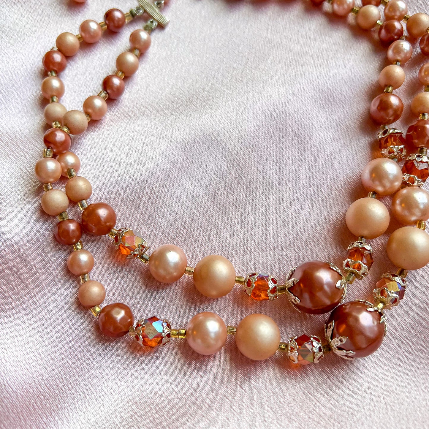 1950s Large Taupe Beaded Double-Strand Necklace