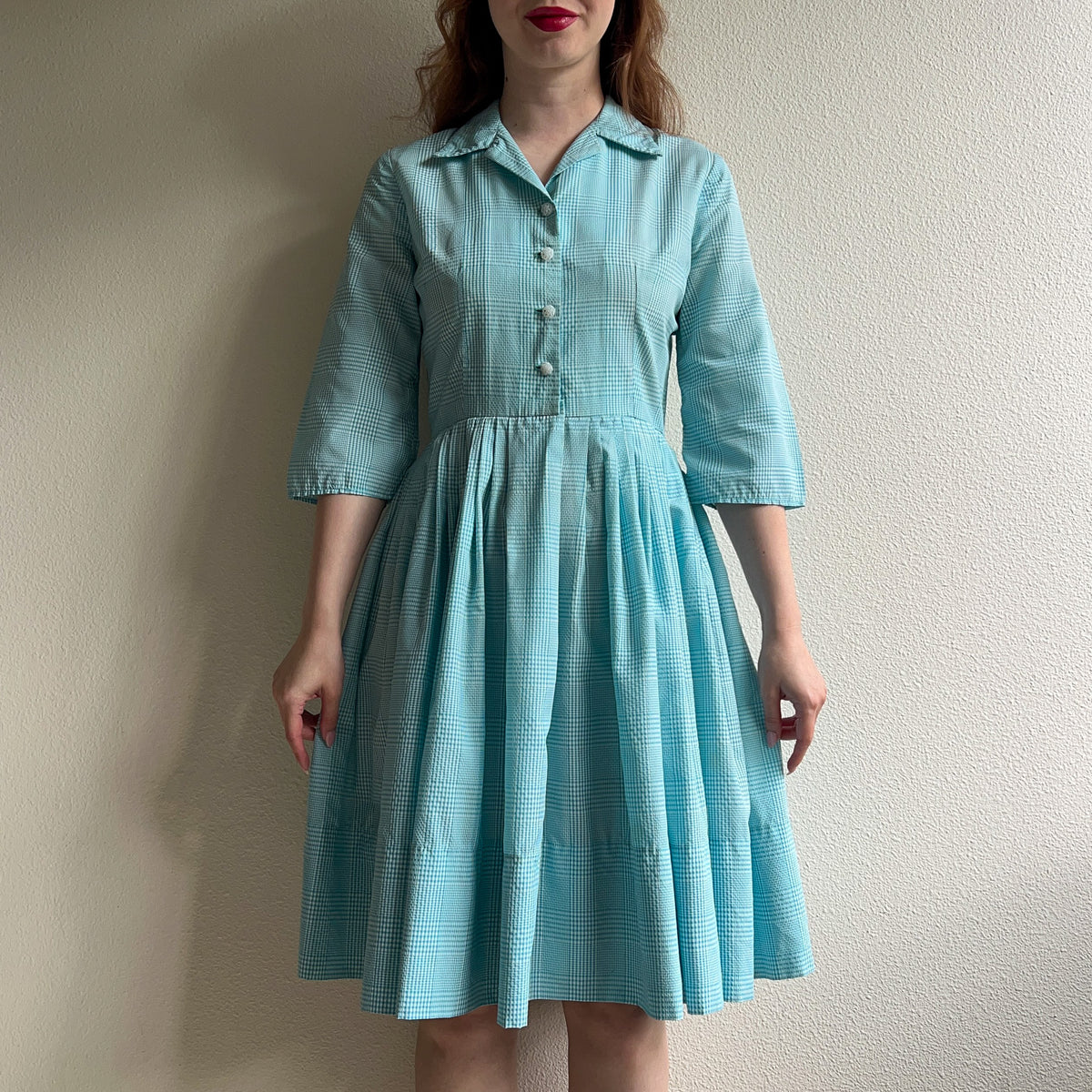 1950s Turquoise and White Gingham Summer Dress (M)