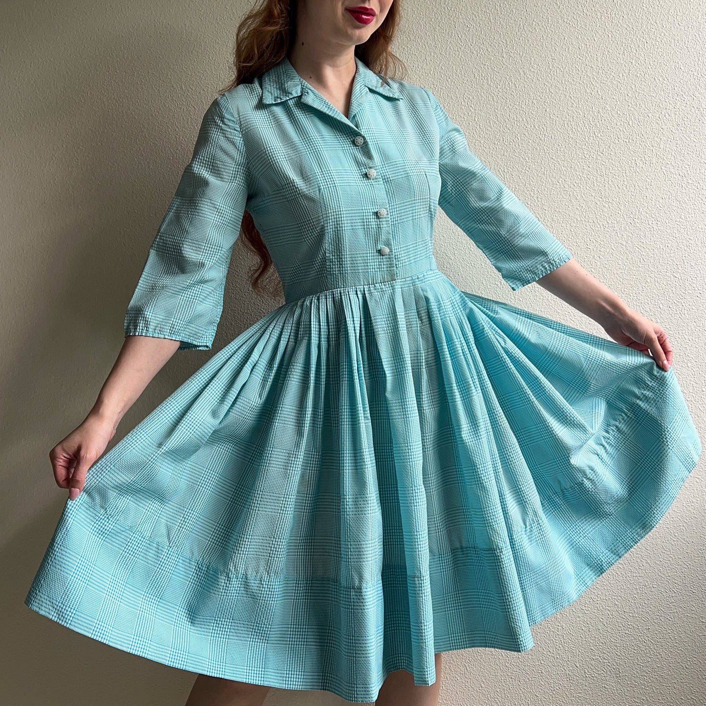 1950s Turquoise and White Gingham Summer Dress (M)