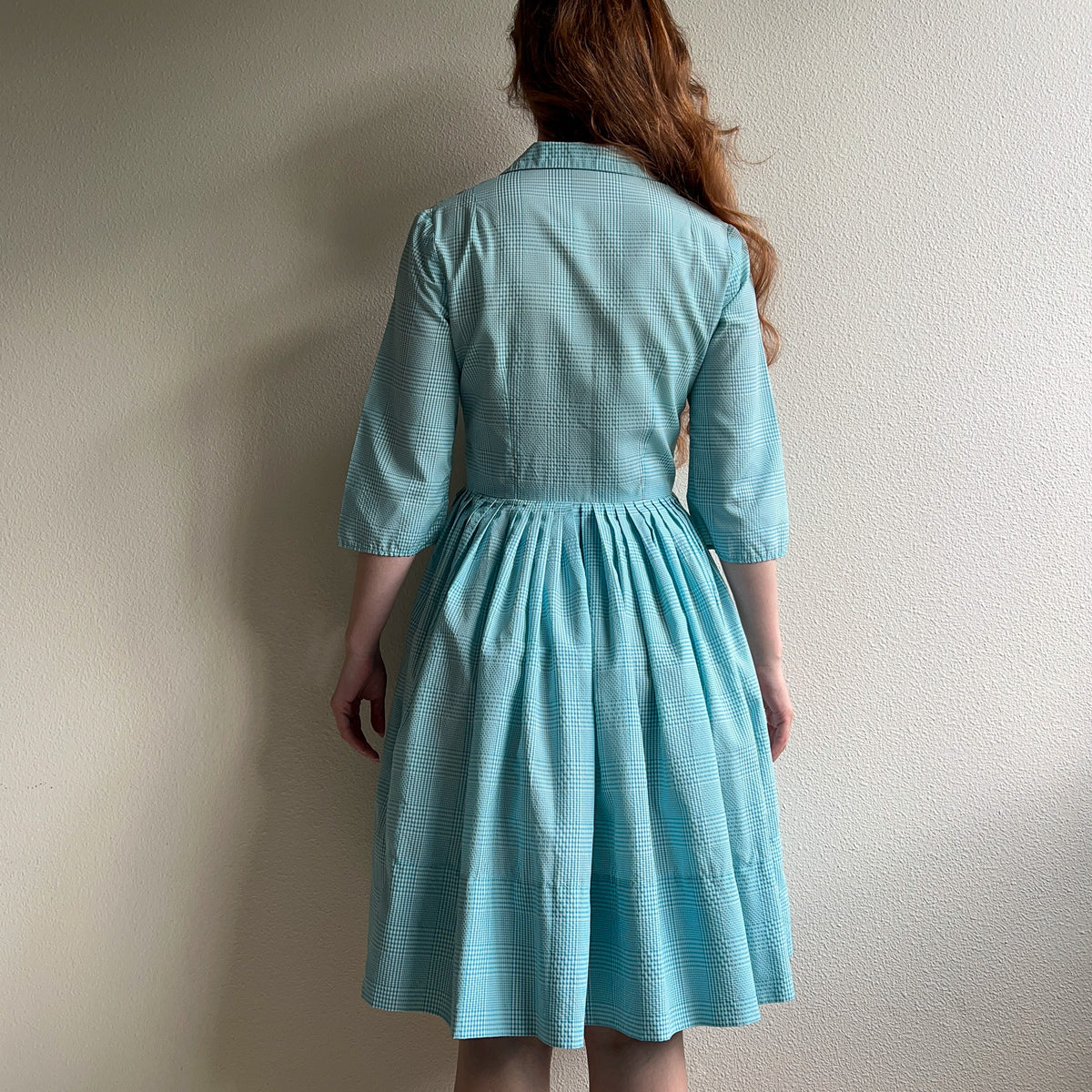 1950s Turquoise and White Gingham Summer Dress (M)