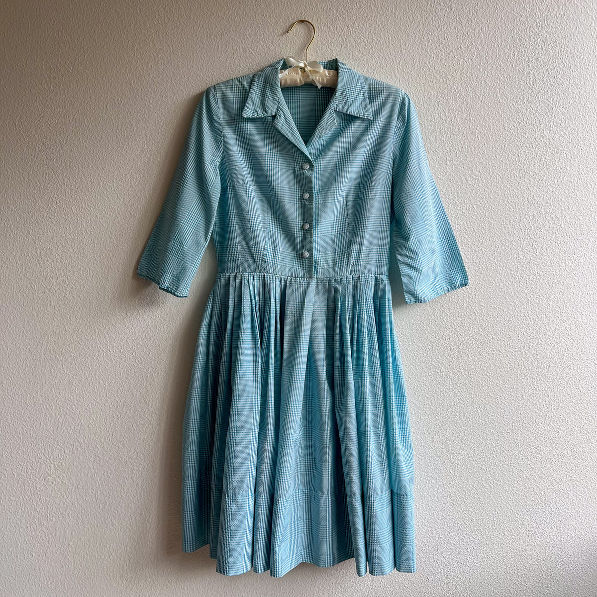 1950s Turquoise and White Gingham Summer Dress (M)