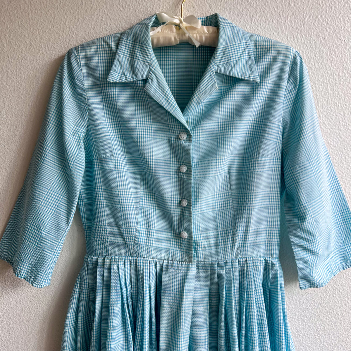 1950s Turquoise and White Gingham Summer Dress (M)