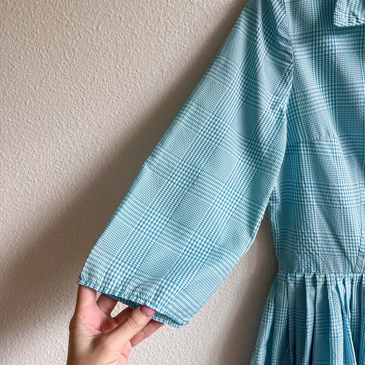 1950s Turquoise and White Gingham Summer Dress (M)