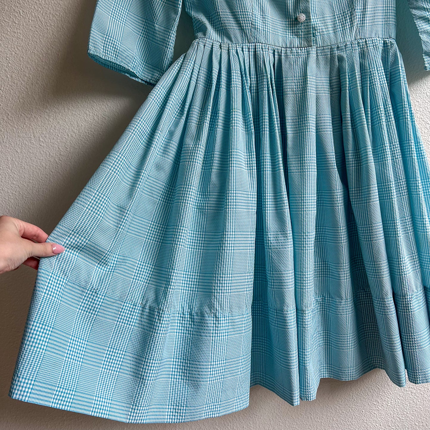 1950s Turquoise and White Gingham Summer Dress (M)