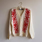 1950s White Cardigan With Red Bird Pattern (M/L)
