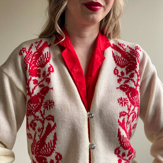 1950s White Cardigan With Red Bird Pattern (M/L)