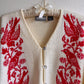 1950s White Cardigan With Red Bird Pattern (M/L)