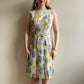 1950s White Pleated Dress With Soft Blue Florals (M)