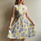 1950s White Pleated Dress With Soft Blue Florals (M)