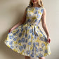 1950s White Pleated Dress With Soft Blue Florals (M)