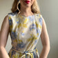1950s White Pleated Dress With Soft Blue Florals (M)