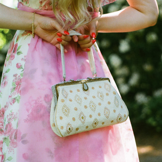 Incredible 1950s Heavily Beaded White Handbag