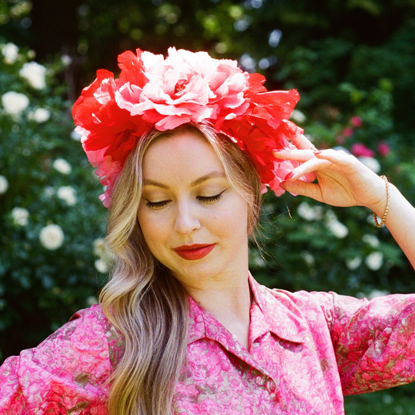 1950s Red and Pink Chiffon Flowers Hat