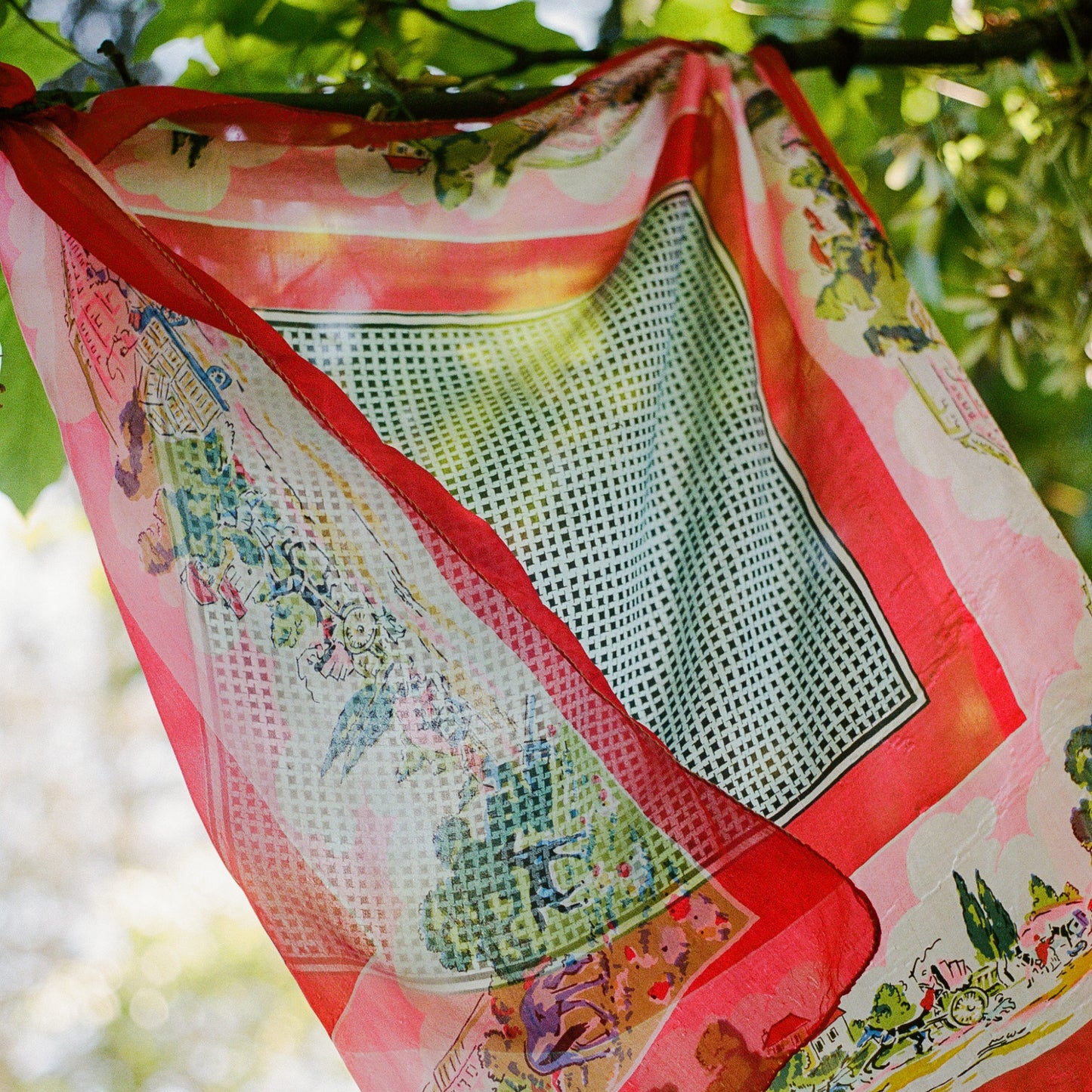 Sheer 1950s Red and Pink Landscape Print Silk Scarf