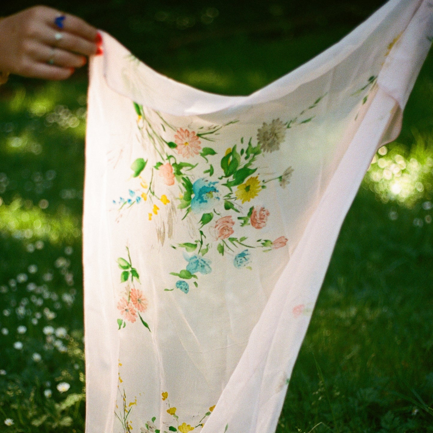 1950s Pink Chiffon Scarf With Floral Print