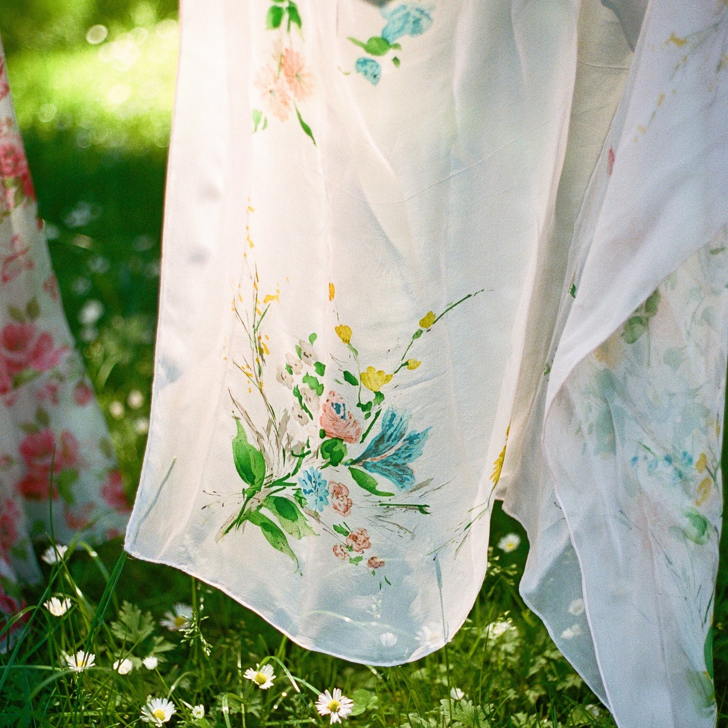 1950s Pink Chiffon Scarf With Floral Print