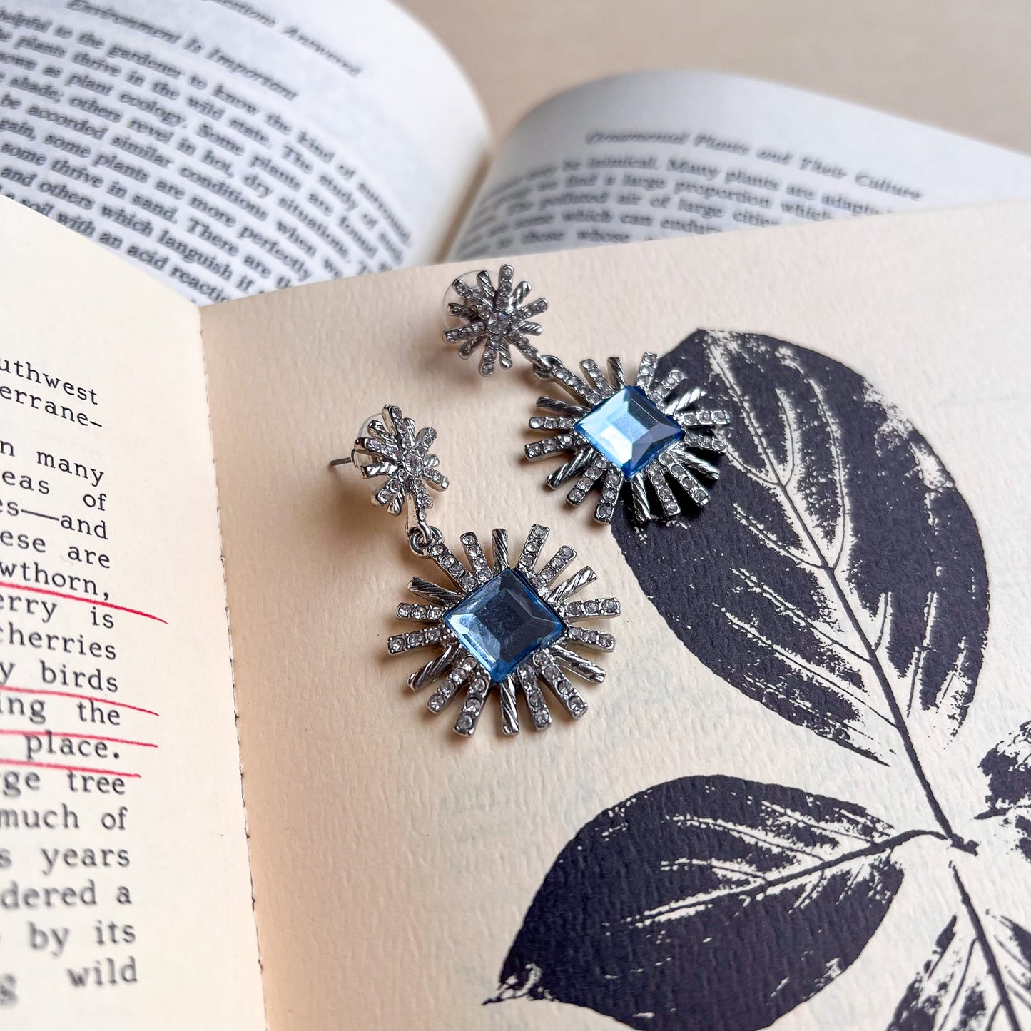 1960s Aquamarine and Rhinestone Starburst Earrings