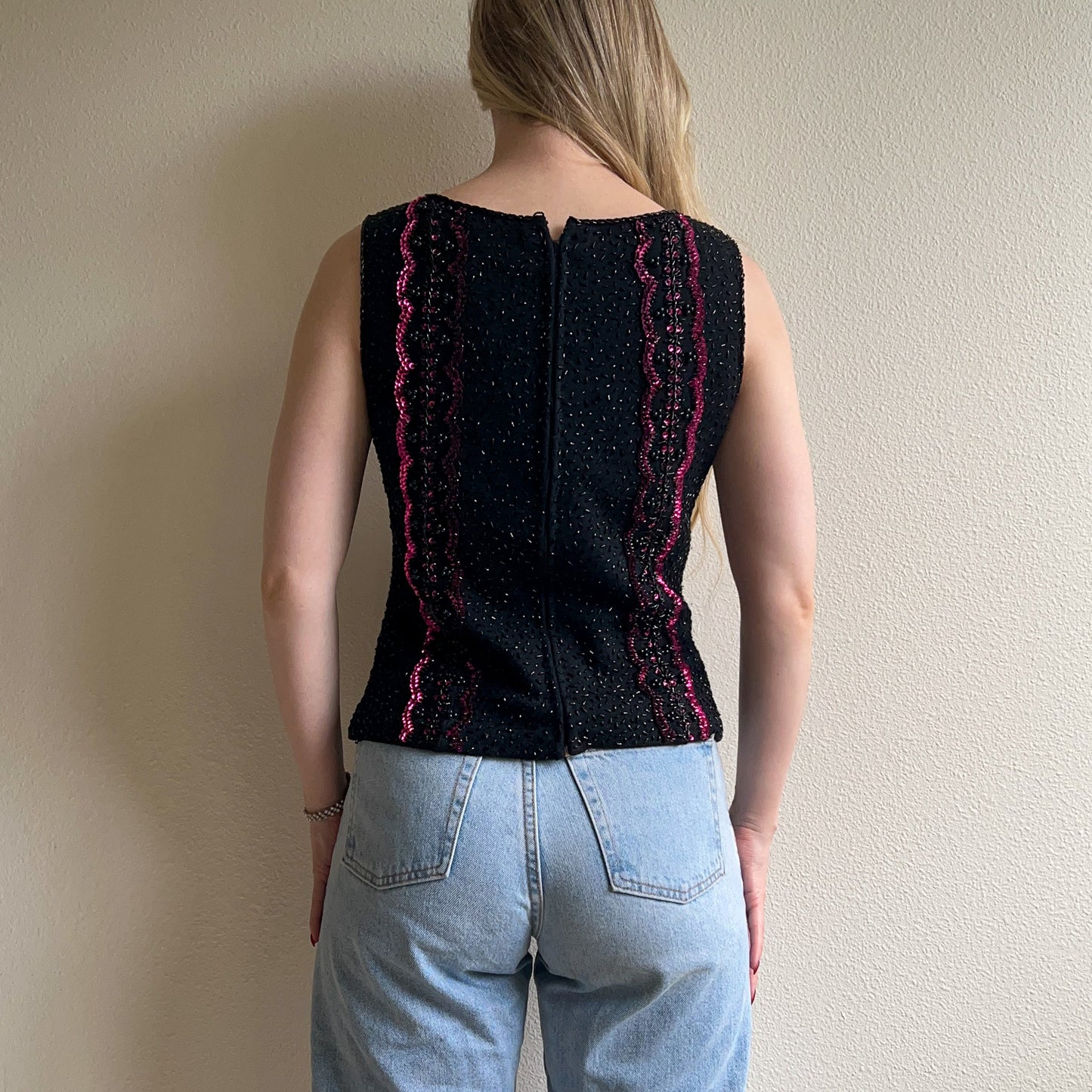 Stunning 1960s Black Knit Top With Purple Sequins (M)