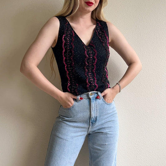 Stunning 1960s Black Knit Top With Purple Sequins (M)
