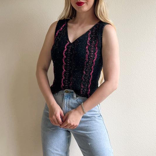 Stunning 1960s Black Knit Top With Purple Sequins (M)