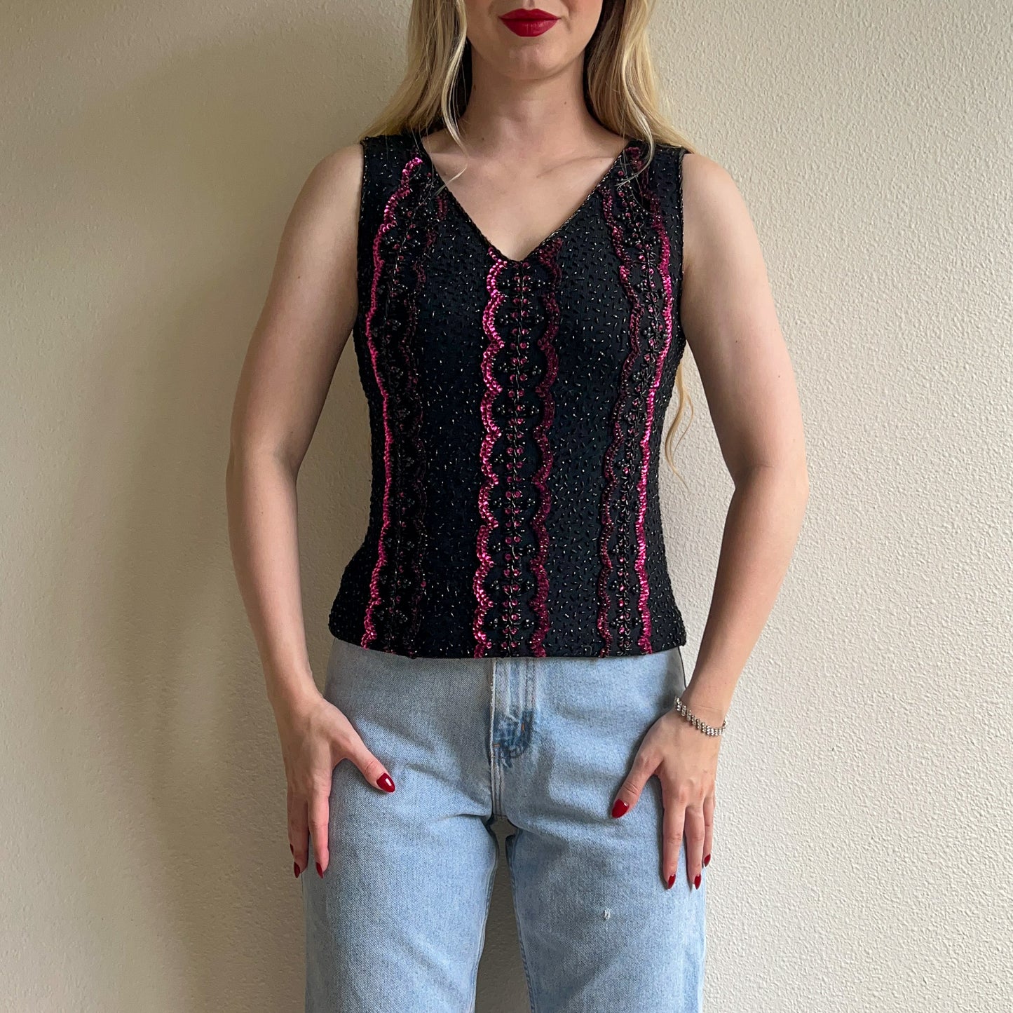 Stunning 1960s Black Knit Top With Purple Sequins (M)