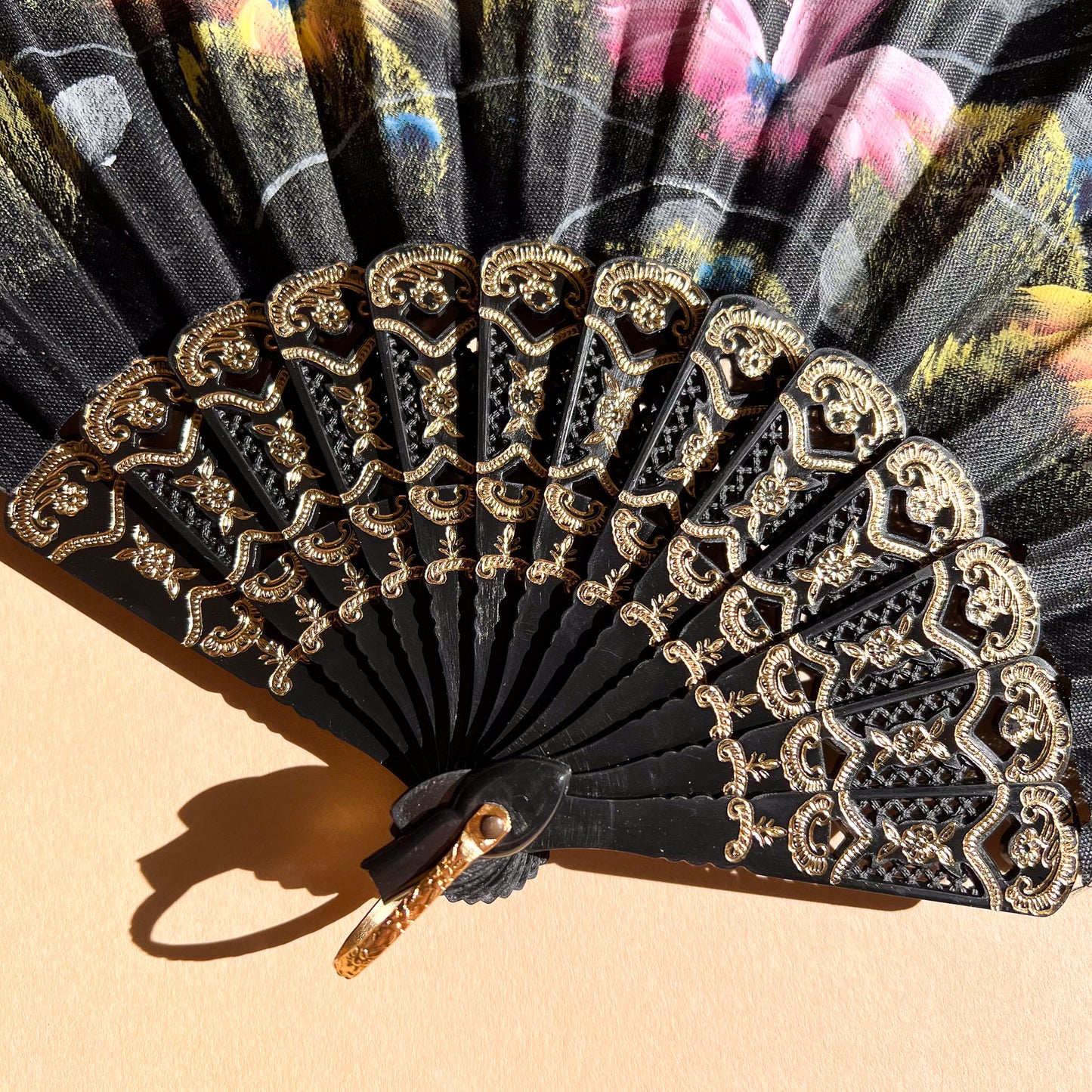 1960s Hand Painted Black Lace Fan