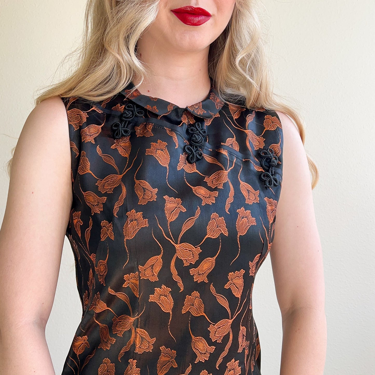 1960s Black Silk Top With Bronze Pattern (M)