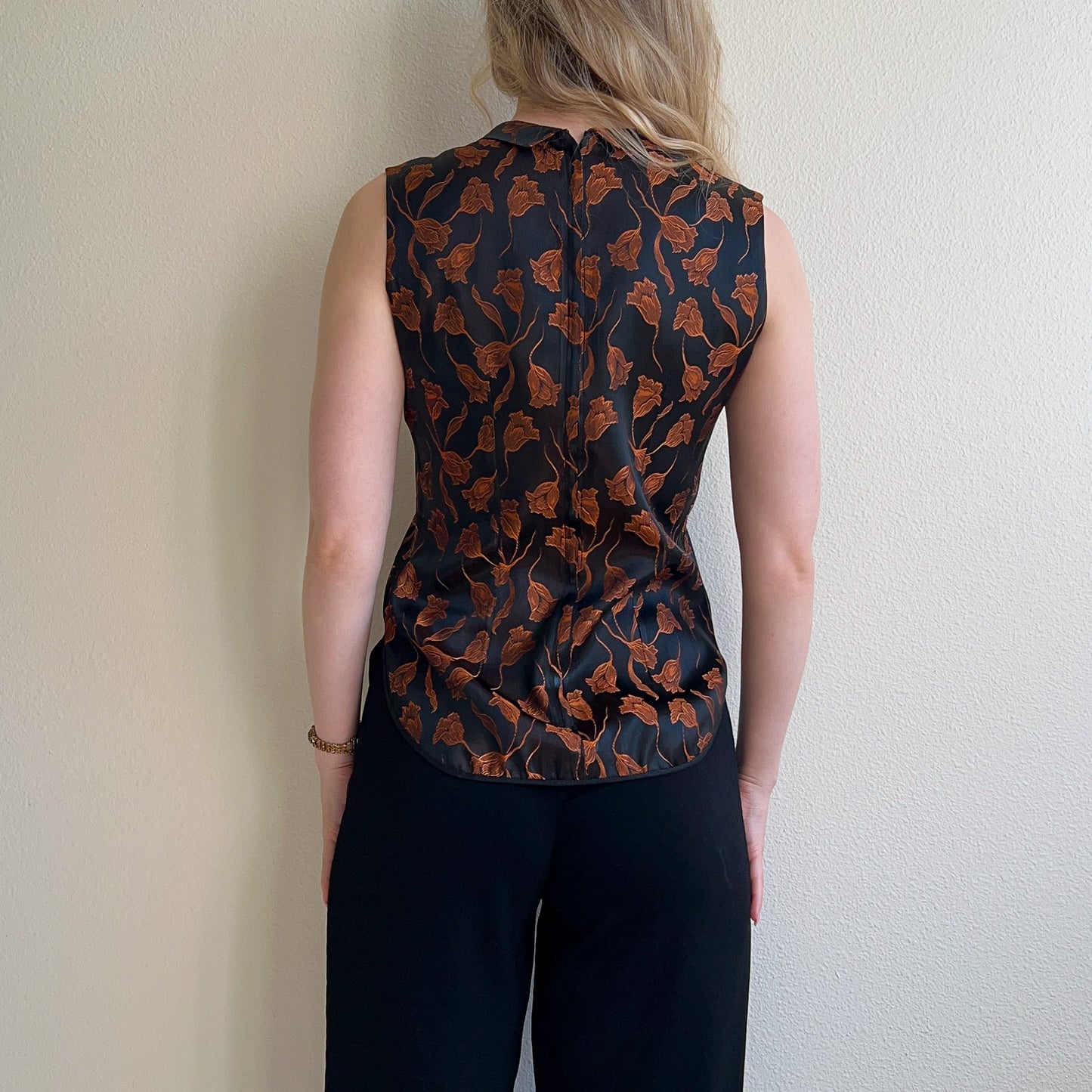 1960s Black Silk Top With Bronze Pattern (M)