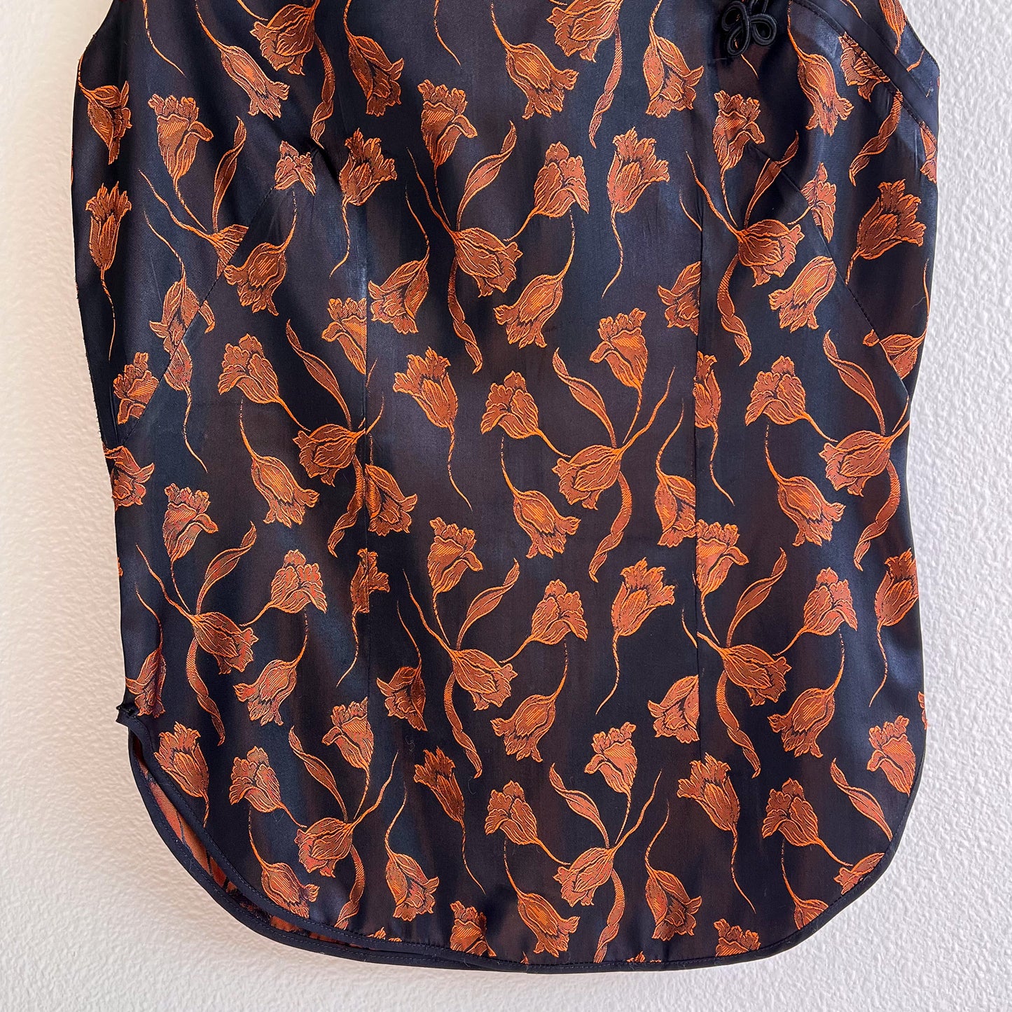 1960s Black Silk Top With Bronze Pattern (M)