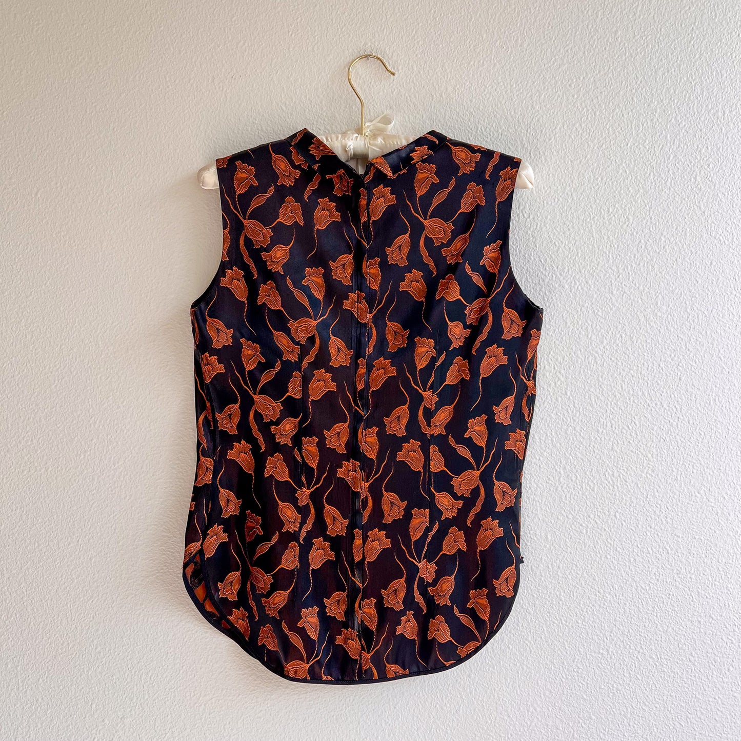 1960s Black Silk Top With Bronze Pattern (M)